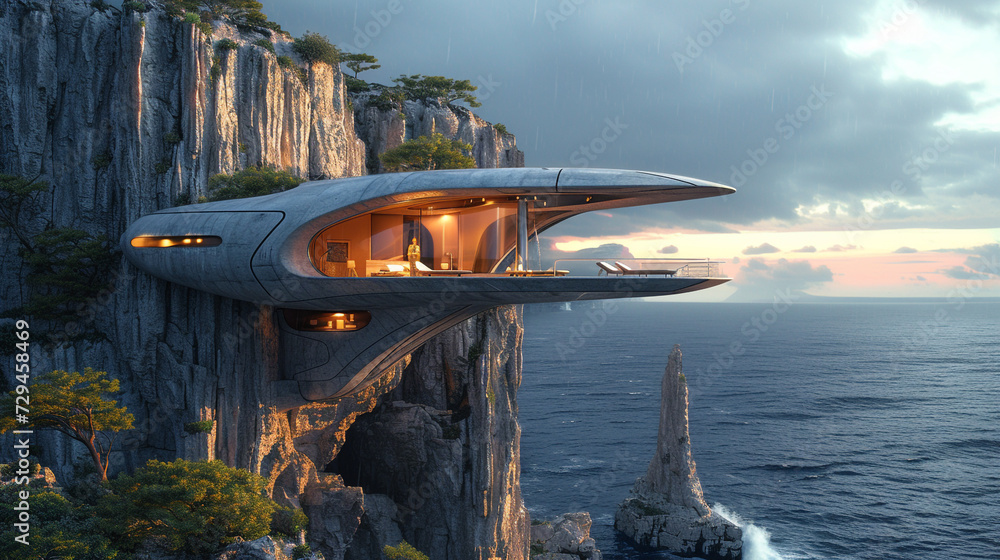A futuristic, cantilevered house on stilts, suspended above a rocky cliff, offering breathtaking views of the rugged coastline.  - obrazy, fototapety, plakaty 