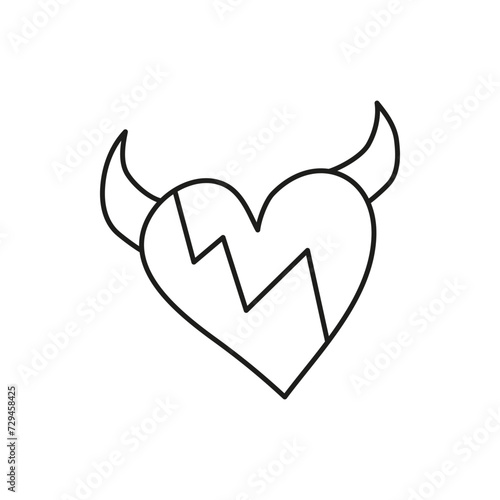 Doodle outline devil heart with horns.