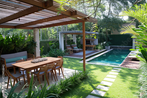 Modern patio furniture includes a pergola shade structure, an awning, a patio roof, a dining table, seats, and a metal grill, grass lawn, tropical garden, and a mini pool © Kien
