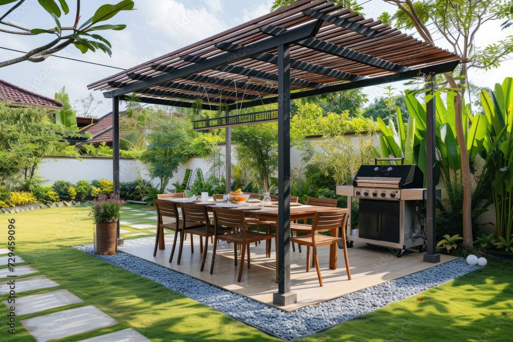 Modern patio furniture includes a pergola shade structure, an awning, a patio roof, a dining table, seats, and a metal grill, grass lawn, tropical garden, and a mini pool
