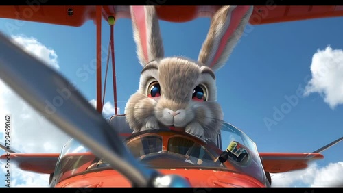 Alarge white rabbit peering over the cockpit of an orange airplane against a blue sky with clouds. photo