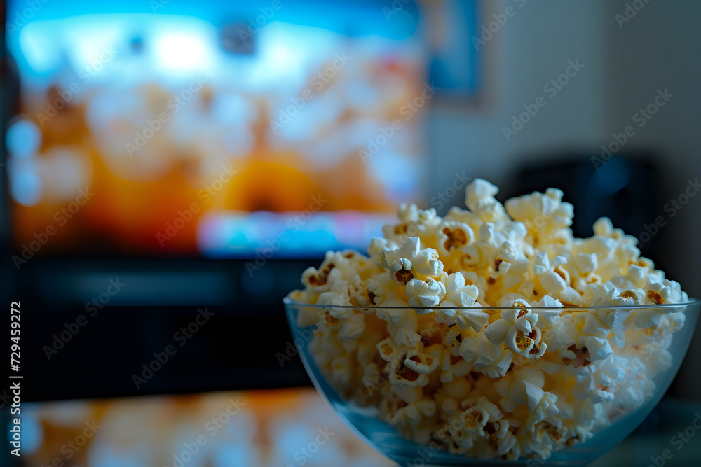popcorn in a bowl on the table in front of a TV. Watch movies friday night, weekend. Family time. popcorn in a bowl on the table in front of a TV. Watch movies friday night, weekend. Family time.