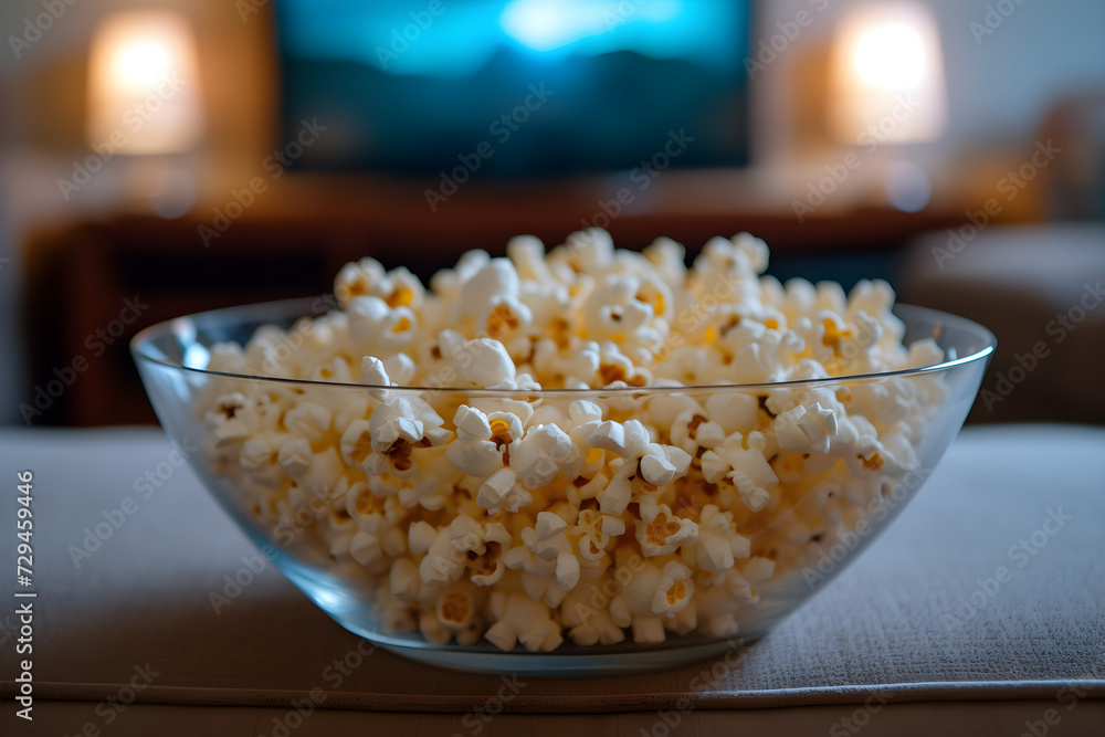 popcorn in a bowl on the table in front of a TV. Watch movies friday night, weekend. Family time. popcorn in a bowl on the table in front of a TV. Watch movies friday night, weekend. Family time.