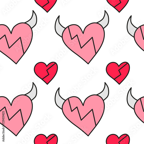 Seamless pattern with doodle devil hearts and horns.