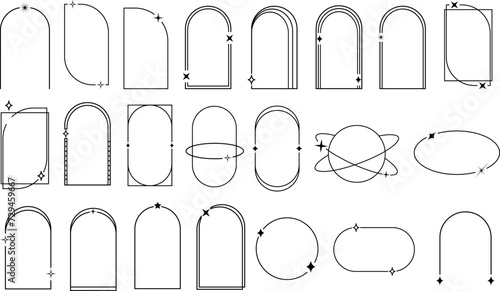 Modern arch frames collection. Trendy boho style border. Black aesthetic geometric arch with a star elements .Retro futuristic art border for social media. Geometric linear frames.