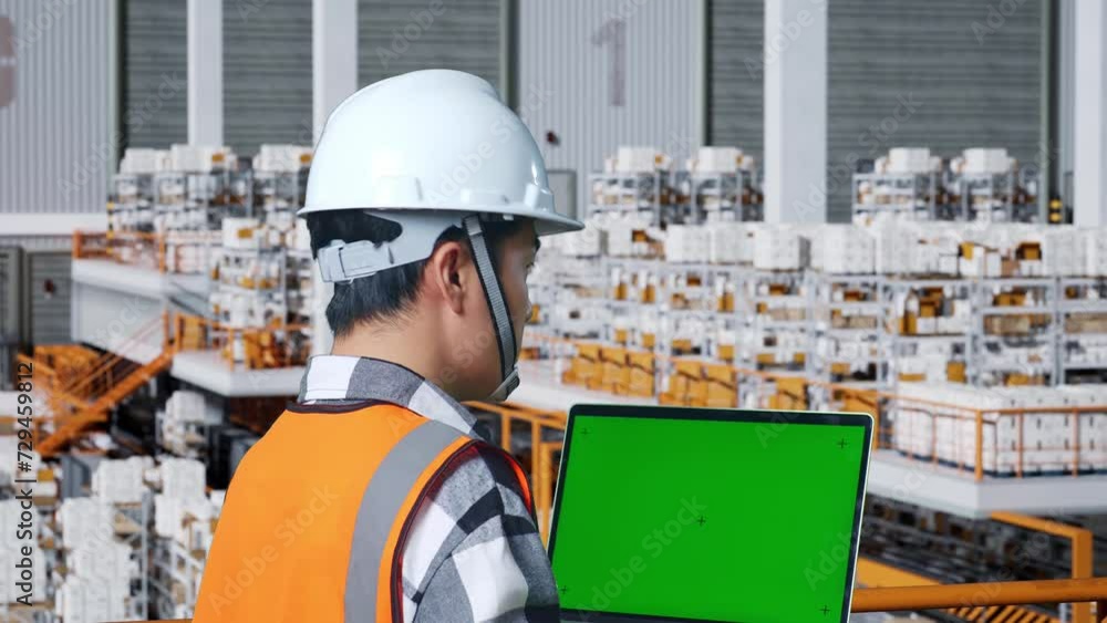 Close Up Back View Of Asian Male Engineer With Safety Helmet Standing In The Warehouse With Shelves Full Of Delivery Goods. Looking At Green Screen Laptop And Looking Around The Storage
Close Up Back View Of Asian Male Engineer With Safety Helmet Standing In The Warehouse With Shelves Full Of Delivery Goods. Looking At Green Screen Laptop And Looking Around The Storage