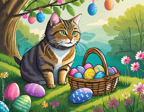 Katze im Garten mit Osterkorb und bunten Eiern 
