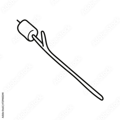 Marshmallows for frying on a stick. Coloring page, icon, black and white vector illustration.