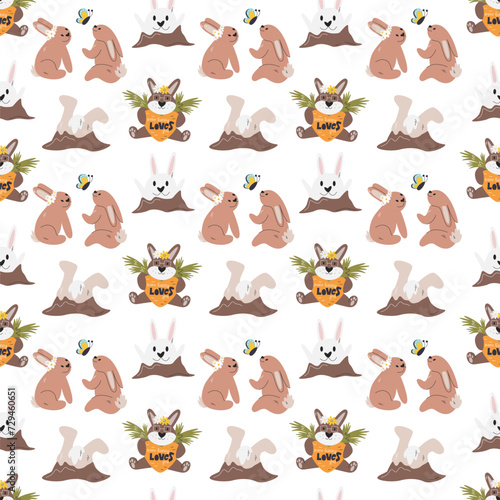 Festive paper background. Easter seamless pattern isolated on white. Various bunnies character design. Cute personage concept. Traditional symbol. Nursery animal hand drawn flat vector illustration