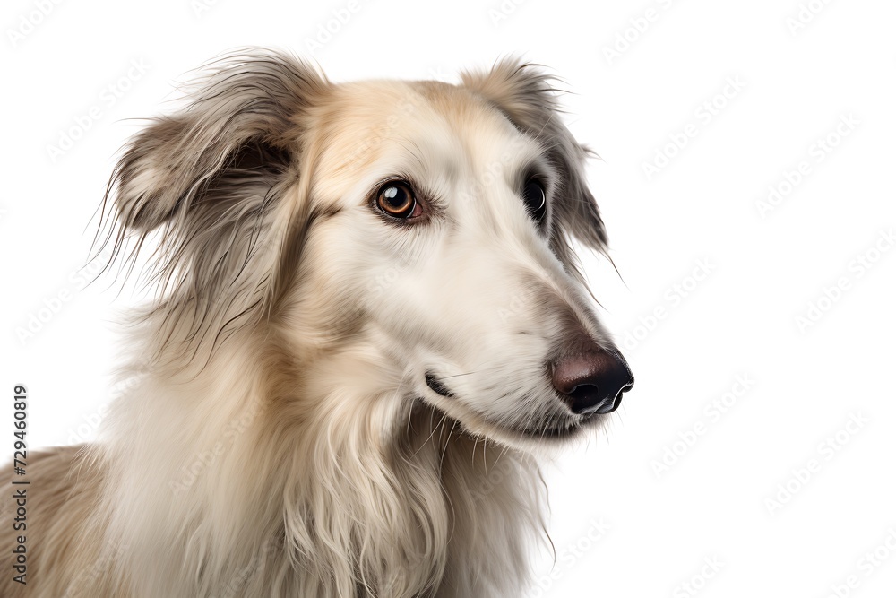 a Borzoi dog is sitting on a white background, in the style of ivory, large canvas format, canon af35m, 32k uhd, white and azure a Borzoi dog is sitting on a white background, in the style of ivory, large canvas format, canon af35m, 32k uhd, white and azure