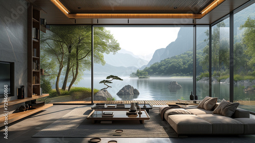A lakeside retreat with a retractable roof, allowing residents to stargaze from the comfort of their modern, open-air living space. 