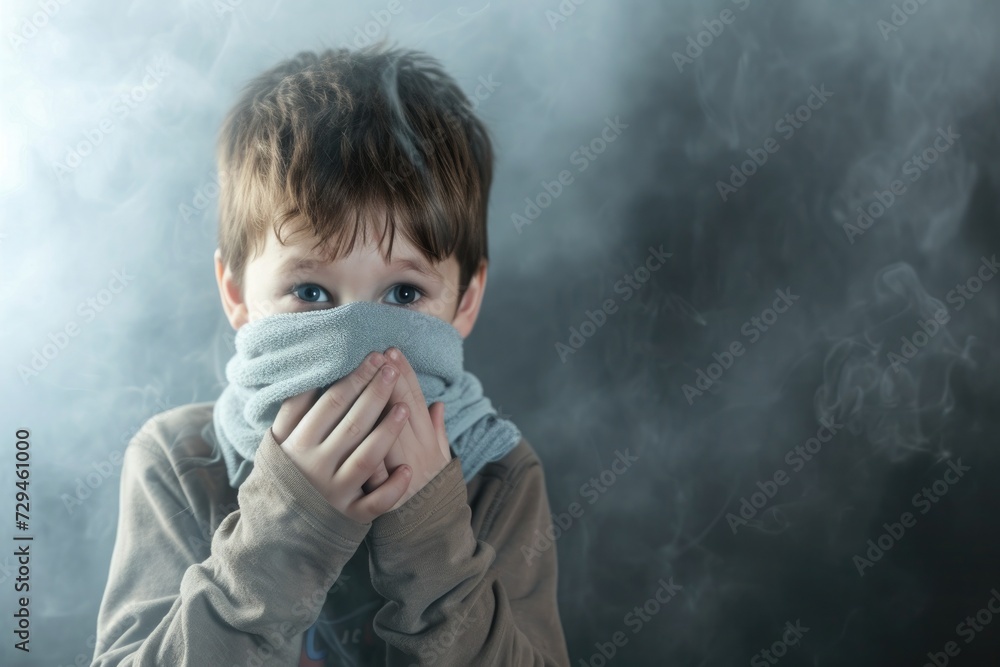 A boy covers his face with a handkerchief to escape the smoke in the room. - obrazy, fototapety, plakaty 