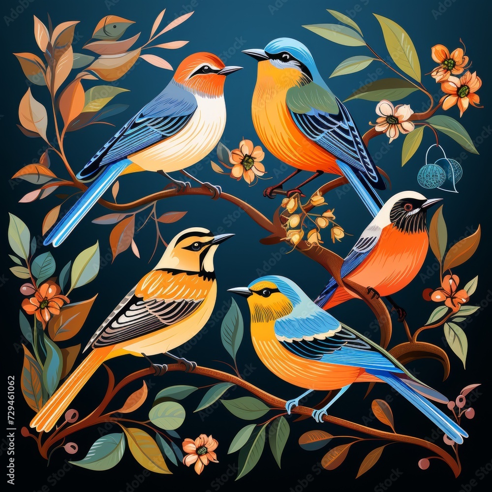 Fototapeta premium Colorful birds perched in lush foliage and floral paradise, digital art-illustration