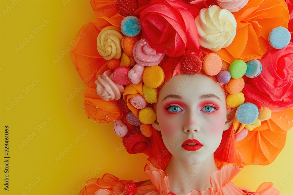 Woman with red makeup and candy hairstyle