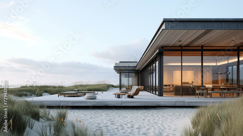 A minimalist beach house with weathered cedar siding  blending effortlessly with the sandy dunes and featuring large  retractable glass panels that blur the line between indoors and outdoors. 