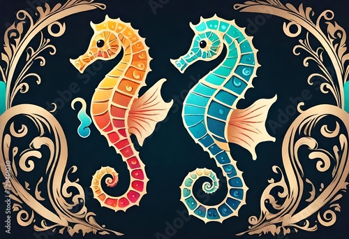 only one beautiful Gradient ornamental seahorse logo design vector on dark background