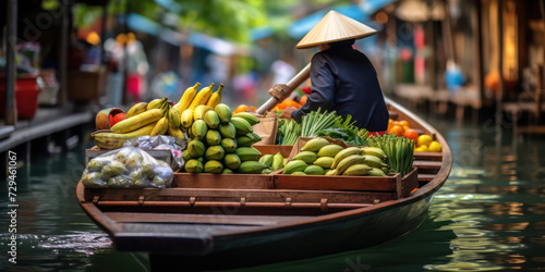 Vibrant Asian City Life: Colorful Vietnam Fruit Market with Women Sellers on Sidewalk photo