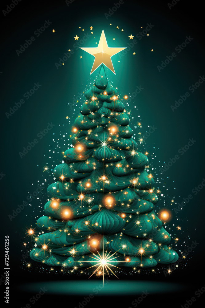 Shimmering Starlight: A Festive Christmas Tree Illuminated with Radiant Decorations, Casting a Glowing Winter Glow Against the Background of a Sparkling Night Sky Shimmering Starlight: A Festive Christmas Tree Illuminated with Radiant Decorations, Casting a Glowing Winter Glow Against the Background of a Sparkling Night Sky