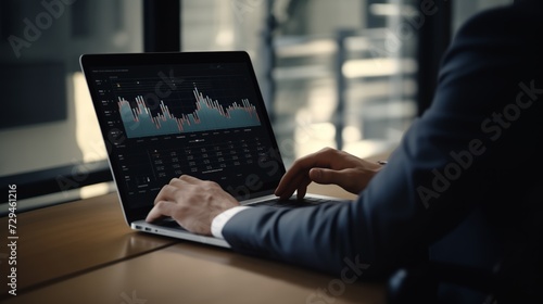  Trader investor analyst using laptop for stock market and crypto currency, analyzing graphs data, growth concept.