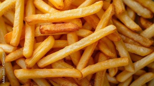 Overhead view of golden deep fried French fries food in full frame closeup.