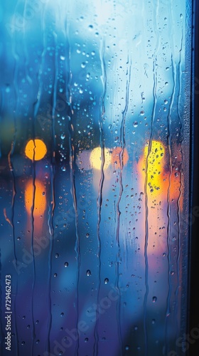 Raindrops on Window with Blurred City Lights in Background