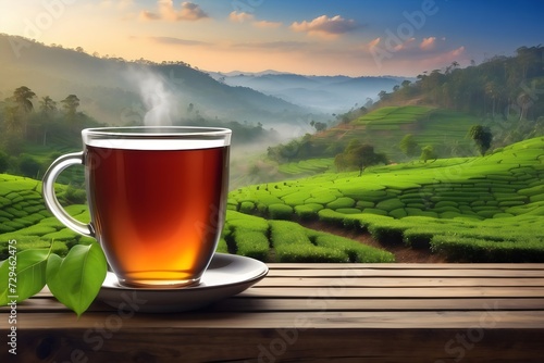 Tea cup nestled in mountain scenery on a terrace.