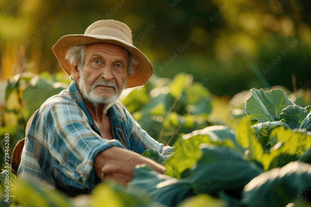 senior male farmer harvesting fresh vegetables on a organic vegetable farm, concept of healthy food