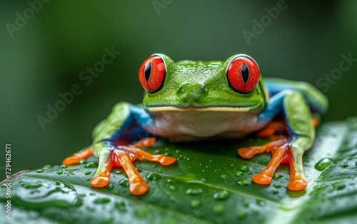 Vibrant Red-Eyed Frog on Green Leaf