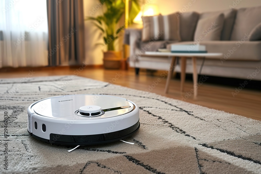 Robotic vacuum cleaner on wooden floor near living room carpet with green plants in background. Robotic vacuum cleaner on wooden floor near living room carpet with green plants in background.