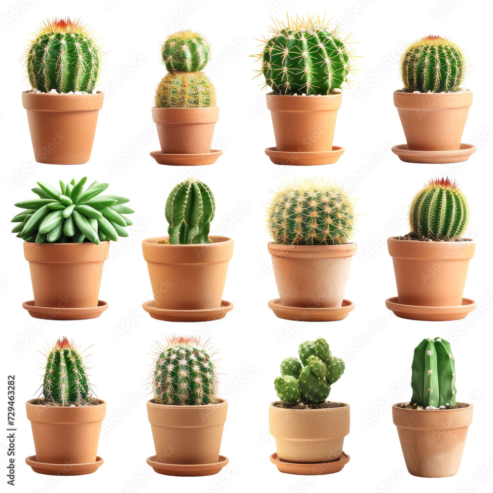 Potted Cactus Set Isolated on Transparent or White Background, PNG Potted Cactus Set Isolated on Transparent or White Background, PNG