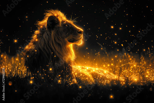 A sparkling golden silhouette of a lion on a black background. The symbol of the zodiac sign is leo. Ai generative..