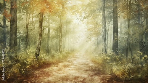 Enchanting wild forest path with watercolor effect. Wall art wallpaper © Jennifer