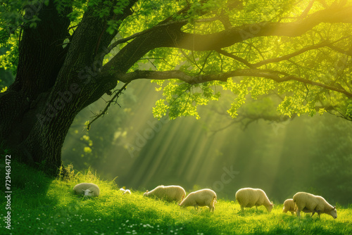 sheep in the green meadow in beautiful sunshine photo