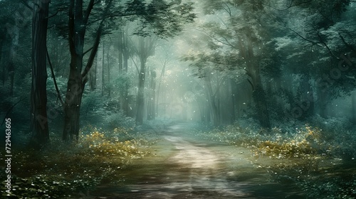 Enchanting wild forest path with watercolor effect. Wall art wallpaper