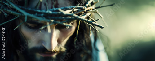 Close-up of a Man Portraying Jesus Christ with Crown of Thorns, copy space. Man with a crown of thorns with vivid blood trails. photo