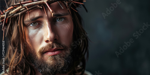 Close-up of a Man Portraying Jesus Christ with Crown of Thorns, copy space. Man with a crown of thorns with vivid blood trails.