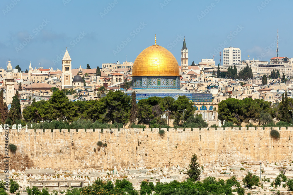 Dome of the Rock mosque behind ancient walls in Jerusalem, Israel.