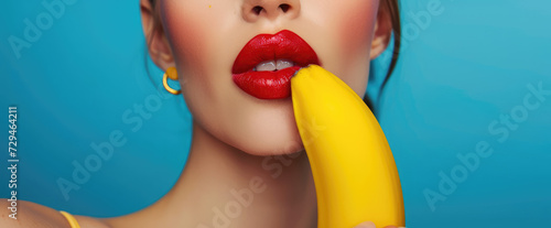 Close-up of sexy Woman Biting Banana. A close-up shot of a woman with red lipstick biting a banana on a vibrant blue background, copy space.