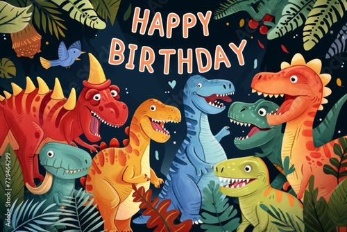 Fototapeta Naklejka Na Ścianę i Meble -  Happy Birthday with a large group of cartoon dinosaurs on blue background Generative AI