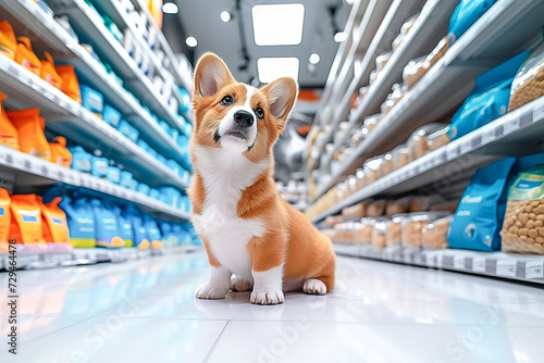 A red corgi with white spots and blue eyes sits on the floor in a pet store. The dog looks up at the shelves and at the bags of food. Selection of healthy eco-friendly food for pets, shopping, sale