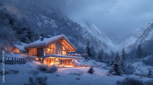 An alpine chalet with a minimalist design, nestled in the snowy mountains, exuding warmth and elegance in a winter wonderland. 