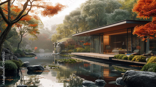 An angular, steel-framed house surrounded by a serene zen garden, blending modern design with natural elements. 