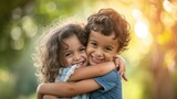 Heartwarming embrace between young siblings in a sunlit, natural outdoor setting