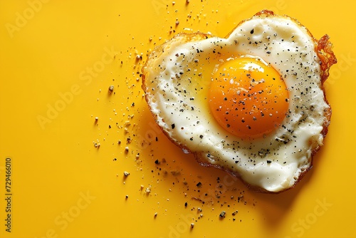 Fried egg in the shape of a heart on yellow background