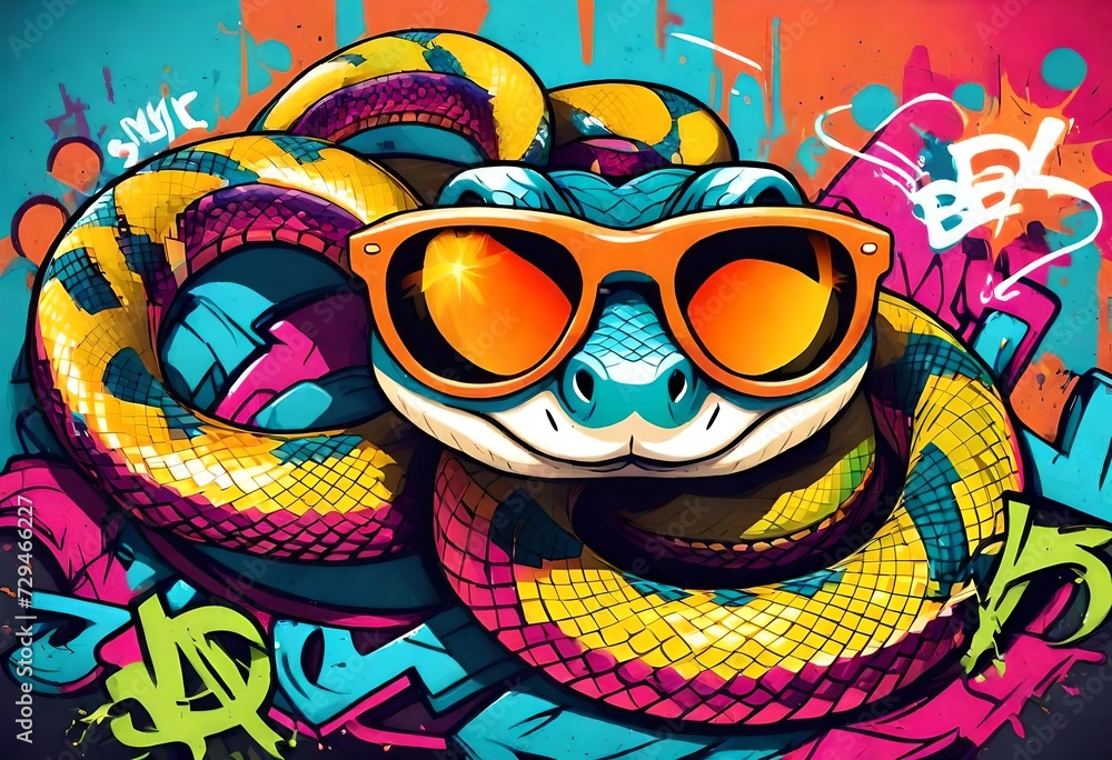 Funny colorful snake with sunglasses, graffiti artwork style