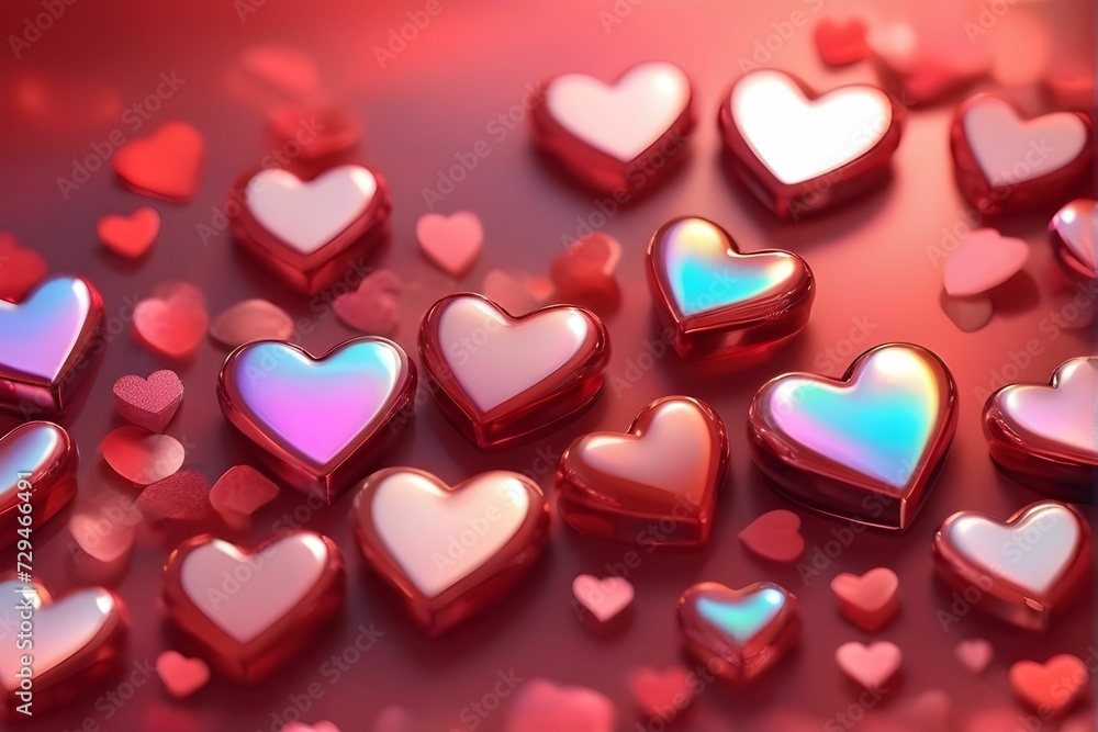 Pastel red tones with shiny hearts and a bokeh effect, fantastic glossy holographic gradient texture. background