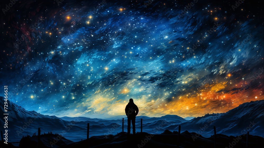 Hiker Gazing at the Starry Milky Way, Cosmic Adventure