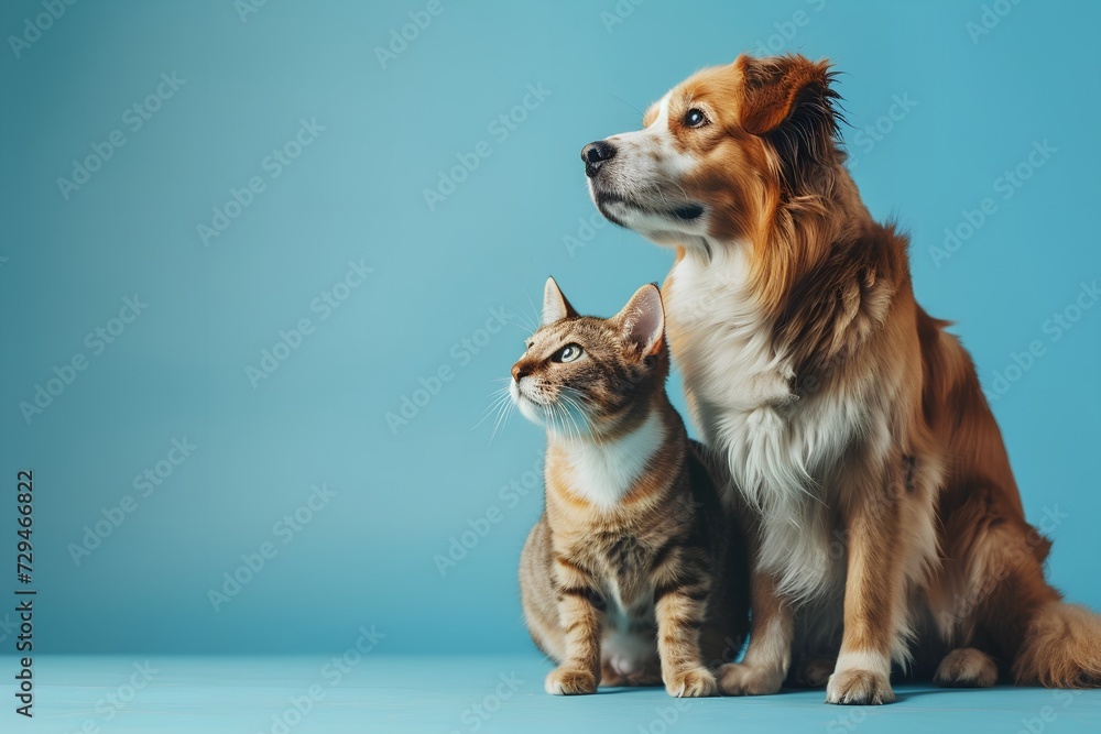 Dog and the cat are looking in the same direction