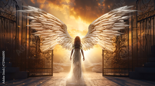 Angel with wings goes through the Golden Gates of heaven with dark and moody clouds. Life after death concept. The soul goes to Hell. Gates of Inferno, symbol of Christianity. © Dina Photo Stories