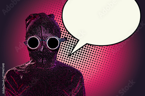 Retro poster in pop art style, alien with glasses, bubble space for text. Cartoon flat style.